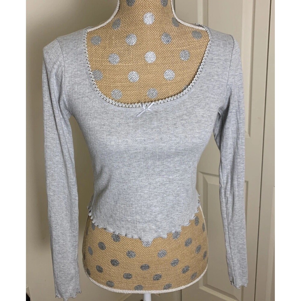 Kurios Womens Eyelet Lace Y2K Long Sleeve Gray Thermal Top Lettuce Trim Fitted M